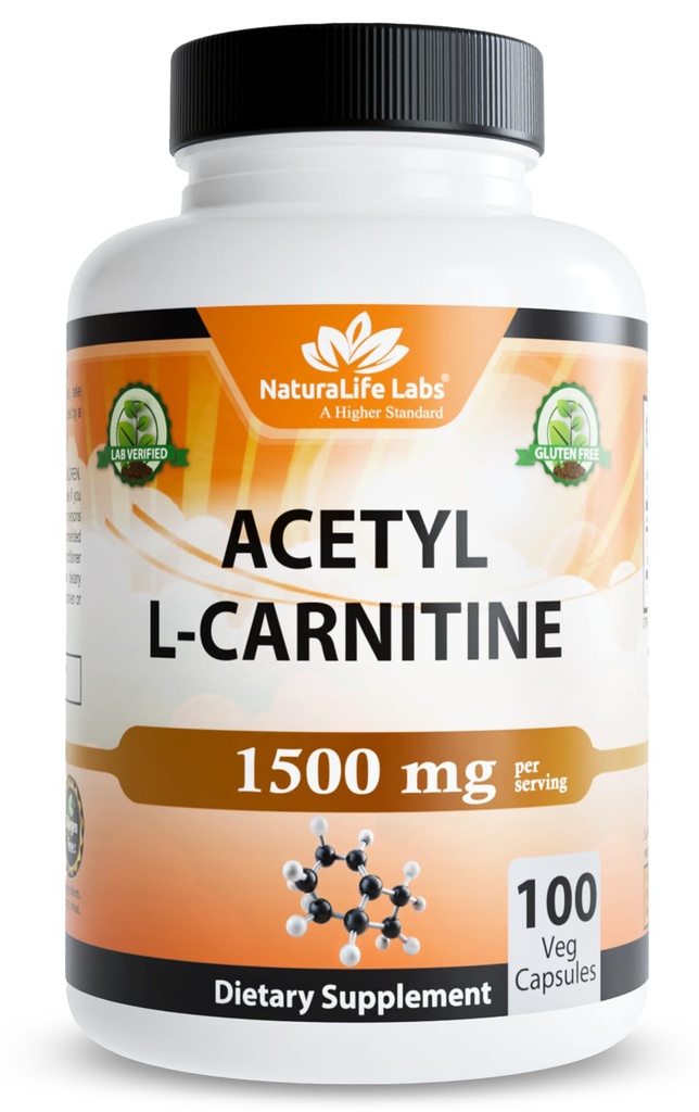 NaturaLife Labs Acetyl L- karnitin (ALCAR) 1500 mg na jedno podání - 100 tobolek - Non- GMO, gluten- Free, Vegan