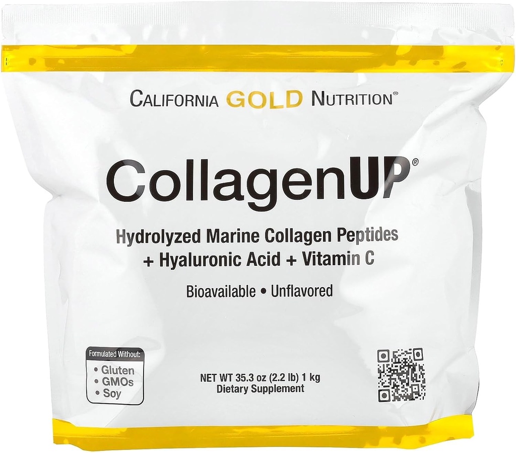 California Gold Nutrition CollagenUP ®, Hydrolyzované mořské kolagenové peptidy s kyselinou hyaluronovou a vitaminem C, bez příchutí, 2,2 lb (1 kg)