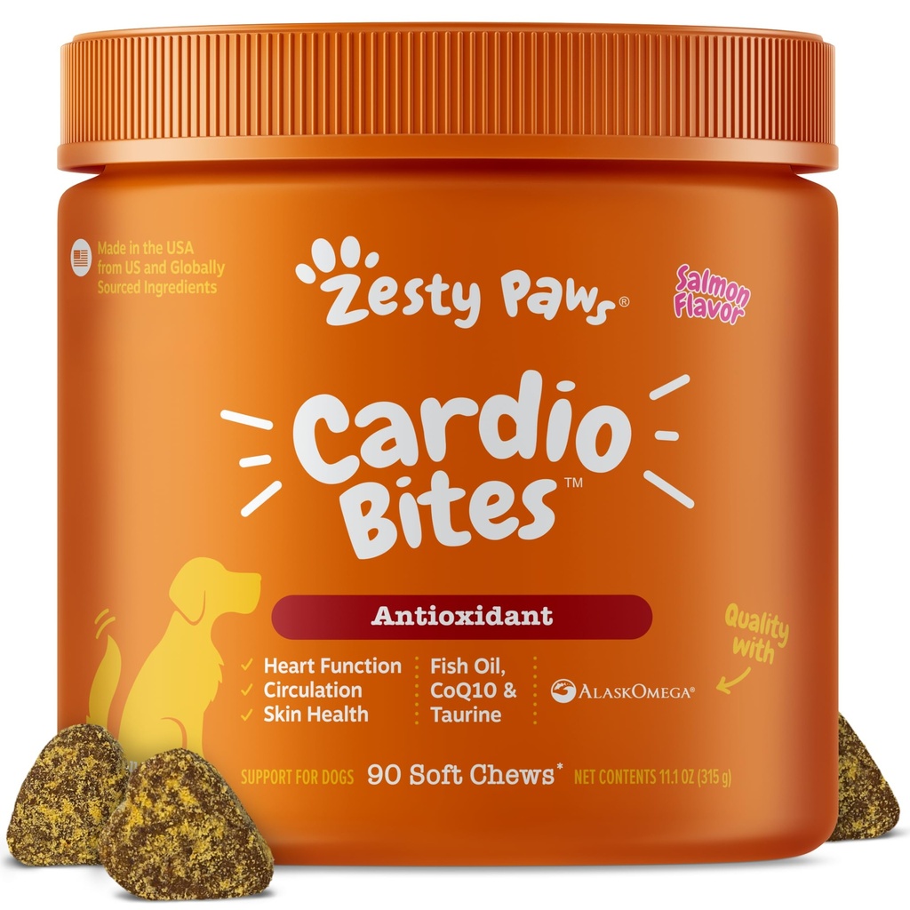 Zesty Paws Kardiovaskulární podpora pro psy - Taurin pro psy - s CoQ10, L Carnitin & Sea Buckthorn - Senior Heart Health - AlaskOmega Fish Oil Omega 3 - Senior - Losos - 90 Počet