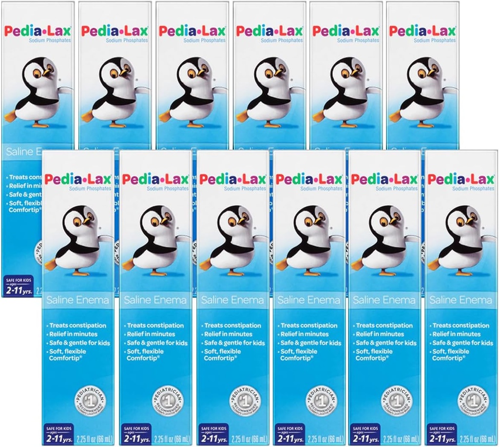 Pedia- Lax Laxative Saline Enema for Kids, ages 2-11, 2.25 fl oz (12 Pack)