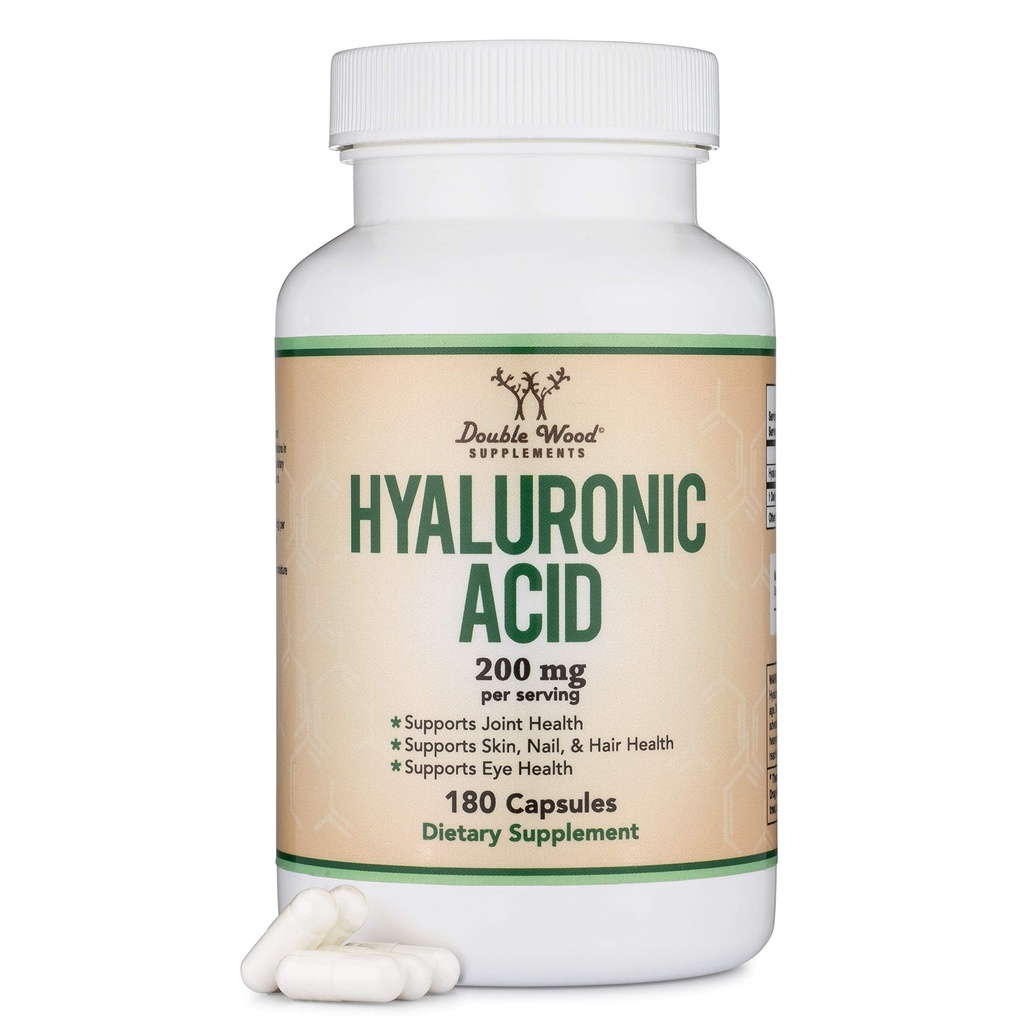 Hyaluronické kyselé doplňky - 180 Kapsle (Zvyšuje účinky Hyaluronic acid sérum pro obličej) 200mg per Serving for Skin and Face Aging Support (Acido Hialuronico) Gluten zdarma