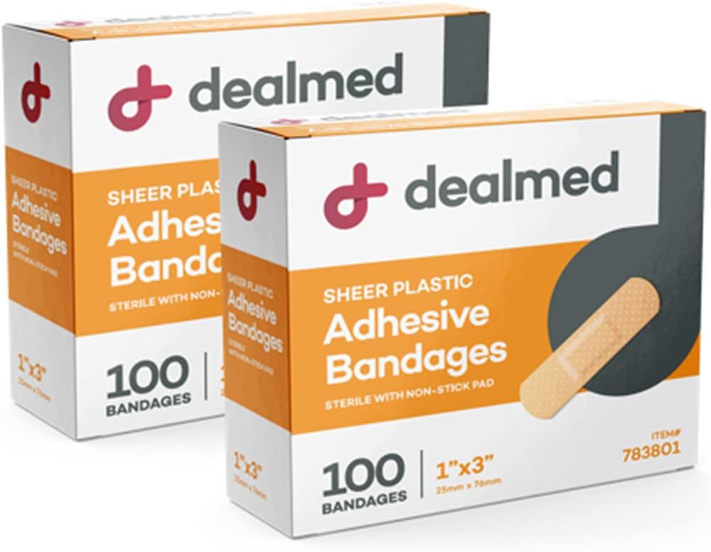 Dealmed Sheer Plastic Flexible Adhesive Obvazy - 100 Hrabě (2 Pack) Obvazy s non-Stick Pad, Latex Free, Wound Péče o první pomoc Kit, 1 "x 3"