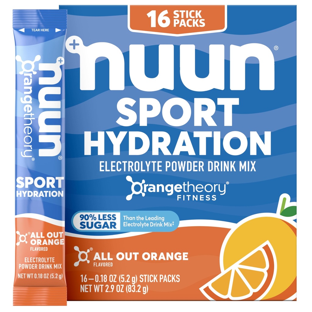 Nuun Sport Electrolyte Powder Packets s hořčíkem, vápníkem, draslíkem, chloridem a sodíkem, Hydratační balíčky pro On- The- Bean, All Orange Flavor, Gluten Free & Vegan, 16 Single Service