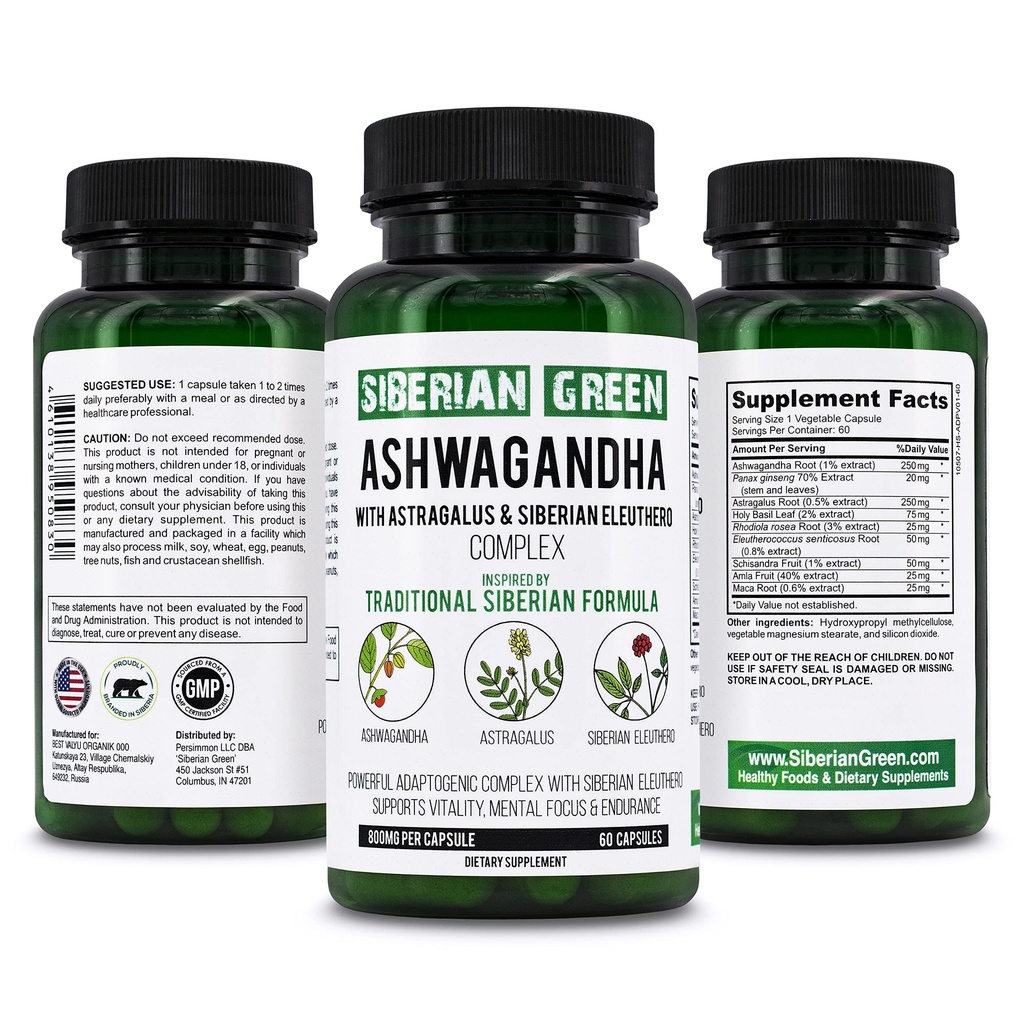 Sibiřská zelená organická Ashwagandha kořen s Astragalus & Sibiřská Eleuthero Ginseng Komplex 60 Kapsle Výkonná bylinná podpora