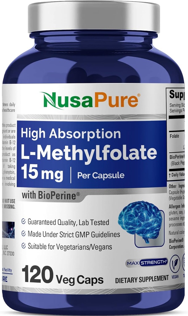 NusaPure L Methylfolát 15 mg, 120 Veggie Kapsle, Bioperin