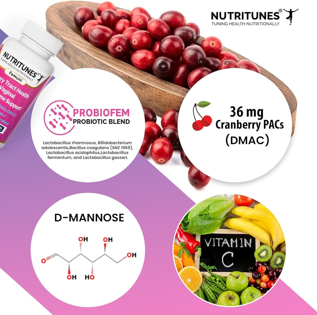 Cranberry PACs s D Mannose doplňky pro ženy, vitamín C a ženy Vaginální Probiotika včetně Lactobacillus a Bifidobacterium kmeny pro močové trakt zdraví - 60 Femuni UTH Kapsle