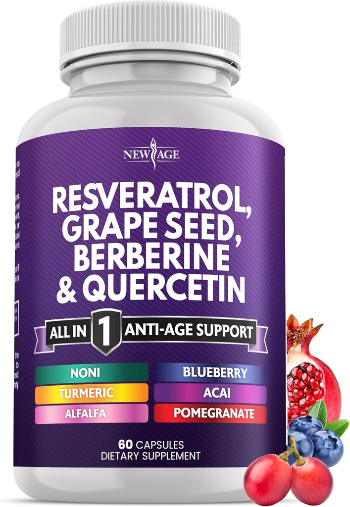 NEW AGE Resveratrol, Berberine, Grape Seed Extract, Quercetin - Polyfenol dodatek pro ženy a muže s Noni Extract, N- Acetyl Cysteine, Acai Extract - 60 Kapsle