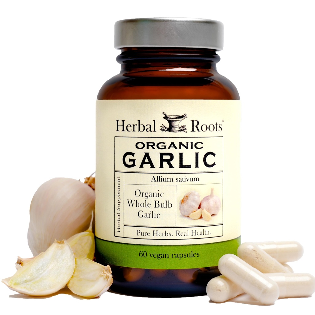 Herbal Roots Organic Whole Bulb Česnek pilulky - Potent Extra síla 124; 600 mg - 60 Organic Vegan Kapsle
