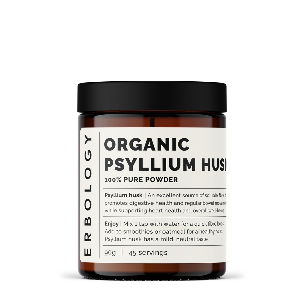 Erbology Organic Psylium Husk Powder 3.2 oz - 45 Servings - Promotes Digestive Health and Regular Bowel Movements - Udržitelně sourced Straight from Farm in India - Small Batch - Vegan - GMO-Free