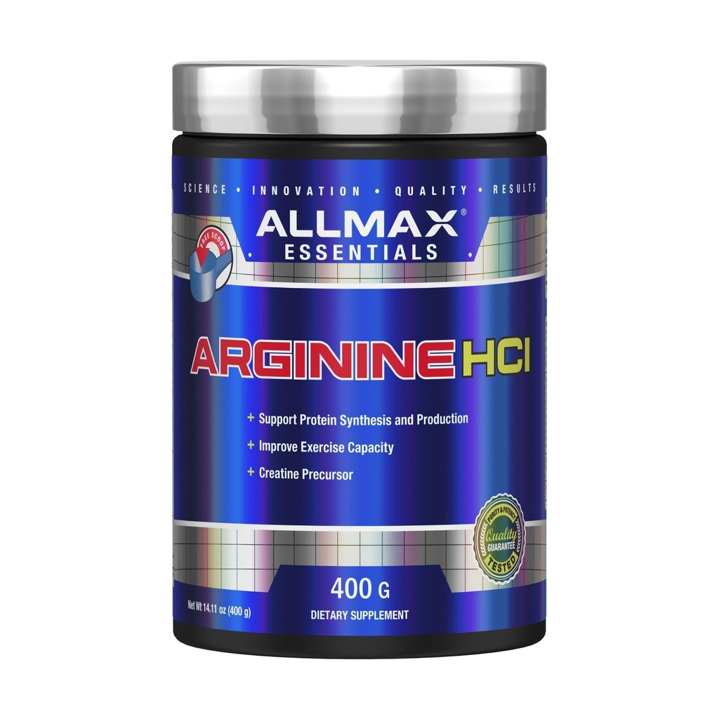 ALLMAX Essentials ARGININE HCL - 400 g - Prekurzor pro syntézu oxidu dusnatého - Vegan & gluten zdarma - 200 Služeb