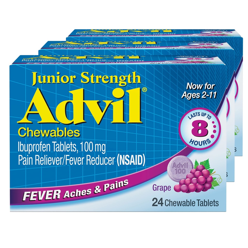 Advil Junior Strength Žvýkací Ibuprofen Pain Reliever and Fever Reducer, Children 's Ibuprofen for Pain Relief, Grape - 24 tablet (balení po 3 tabletách)