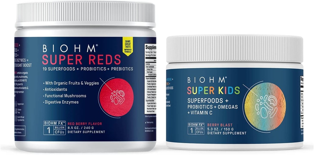 BIOHM Super Červené Superfood Powder, Tart Cherry & Super Kids Superfood Powder + Probiotika, beneficiální antioxidanty & Omega-3 - Gluten Free, GMO Free, mléčné výrobky Free, žádné umělé přísady