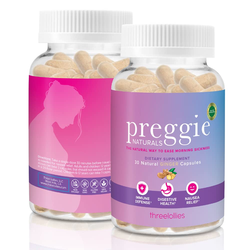 Preggie Three Lollies Naturals Ginger Kapsle - Ranní nemoc Relief - Natural & Doctor Developed - 15 Servings (2 Kapsle / Serving) - Podporuje imunitní obranu a stravitelné zdraví