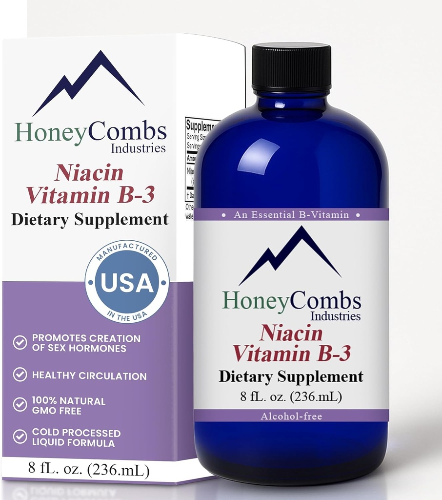 HoneyCombs vitamin B3 Niacin dodatek tekuté kapky - High potency vitamin B3 kapalné kapky pro muže a ženy - Udržovat trávicí systém, kůže, jazyk, energie a další - Vegan Niacin Drop (8 Fl oz)