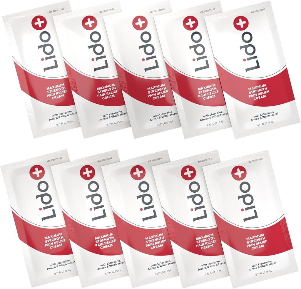 Lido + 10- Pack Lidokain Cream Sachets 124; Rapid Relief for Joint and Muscle Pain, Pain Relief Cream 124; Long-Lasting Formule, Made in USA