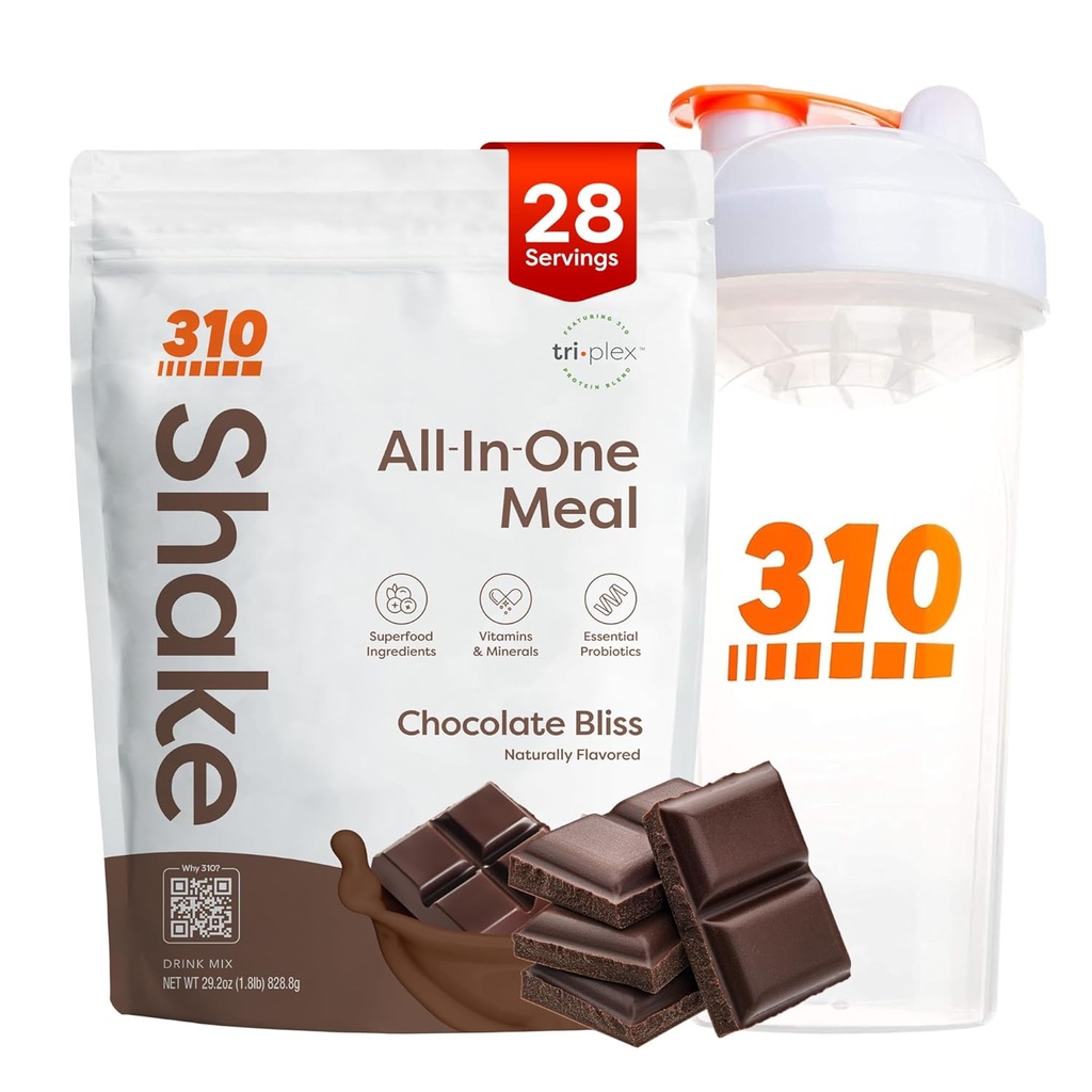 310 Nutrition All- in- One Meal Replacement Shake Powder w / Shaker Cup Starter Kit - High Protein Fiber Rich Vegan Superfood Blend - Sugar- Free, Keto & Paleo Friendly, Low Carb - Chocolate Bliss 28 Srv