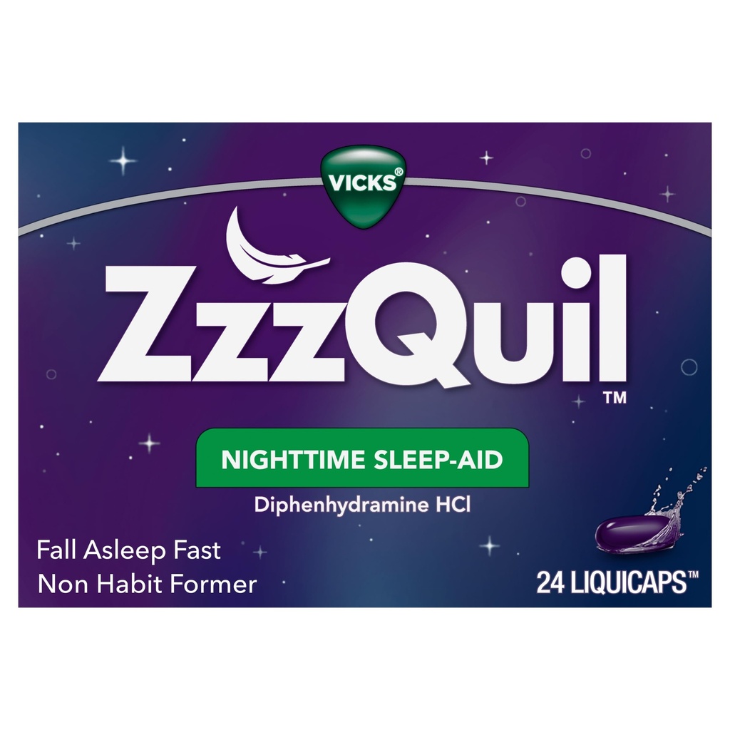 Vicks ZzzQuil, Nighttime Sleep Aid LiquiCaps, 25 mg Difenhydramine HCl, No.1 Sleep- Aid Brand, Non- Habit Forming, Fall Asleep Fast, 24 Count