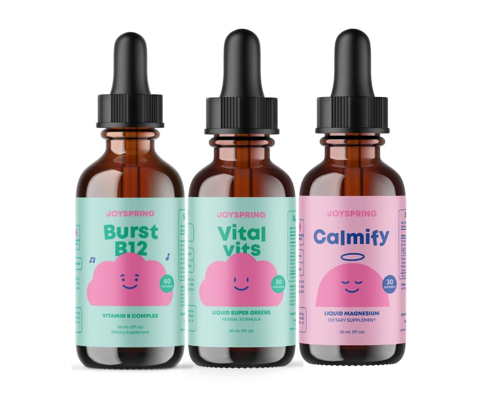 JoySpring B-Complex & Vital Vits with Magnesium Drops Bundle 124; Přirozeně Sourced Kids Vitamíny & Minerály 124; Non-Alkoholic, Sugar- Free Liquid Formule 124; Vegan & Vegetarian Liquid Drops Dodatek