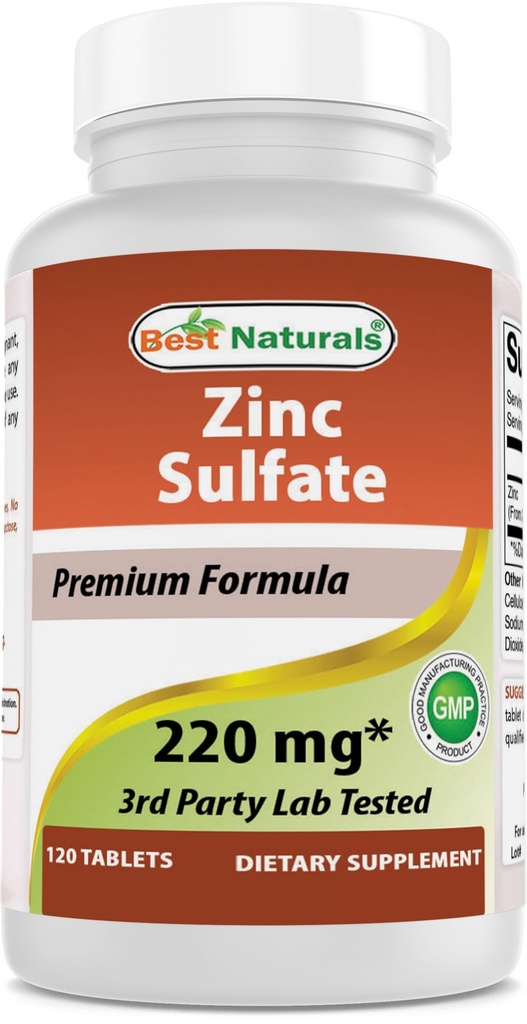 Nejlepší Naturals Zinek Sulfát 220 mg 120 Tablet - 3. strana Lab Tested - Made in The USA - Gluten Free & Non- GMO