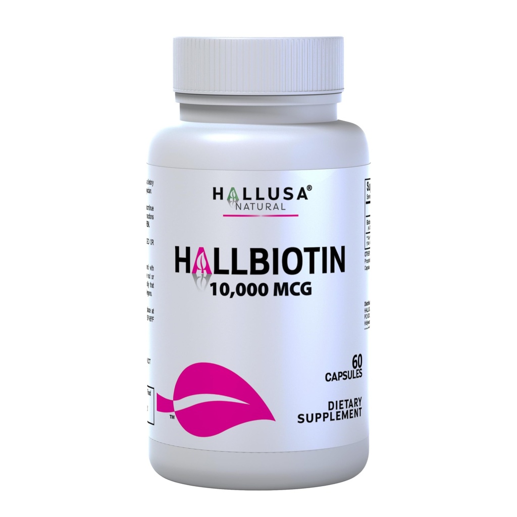 Hallusa Natural Biotin Kapsle 10 000 mcg Zdravé vlasy, kůže a nehty - Pastillas para la caída del Cabello - Crecimiento del Cabello - Crecimiento de la Barba - Alopecie y calvicie - 60 Kapsle