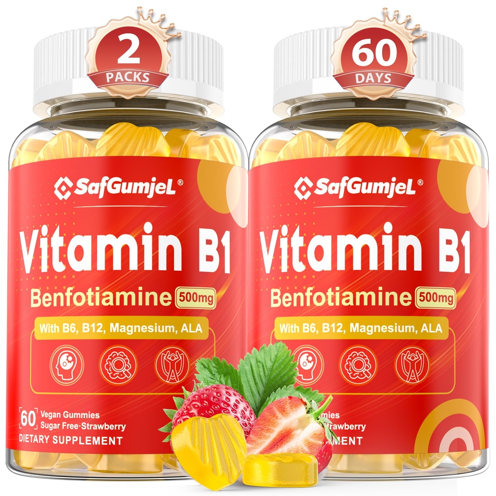 Vitamin B1 Gummies PHAR124; Benfotiamin 500mg s vitaminem B6 B9 B12 & Magnesium pro nervové zdraví, Energie & Metabolismus Support PHAR124; Sugar Free, Non GMO, Vegan, 120 Counts