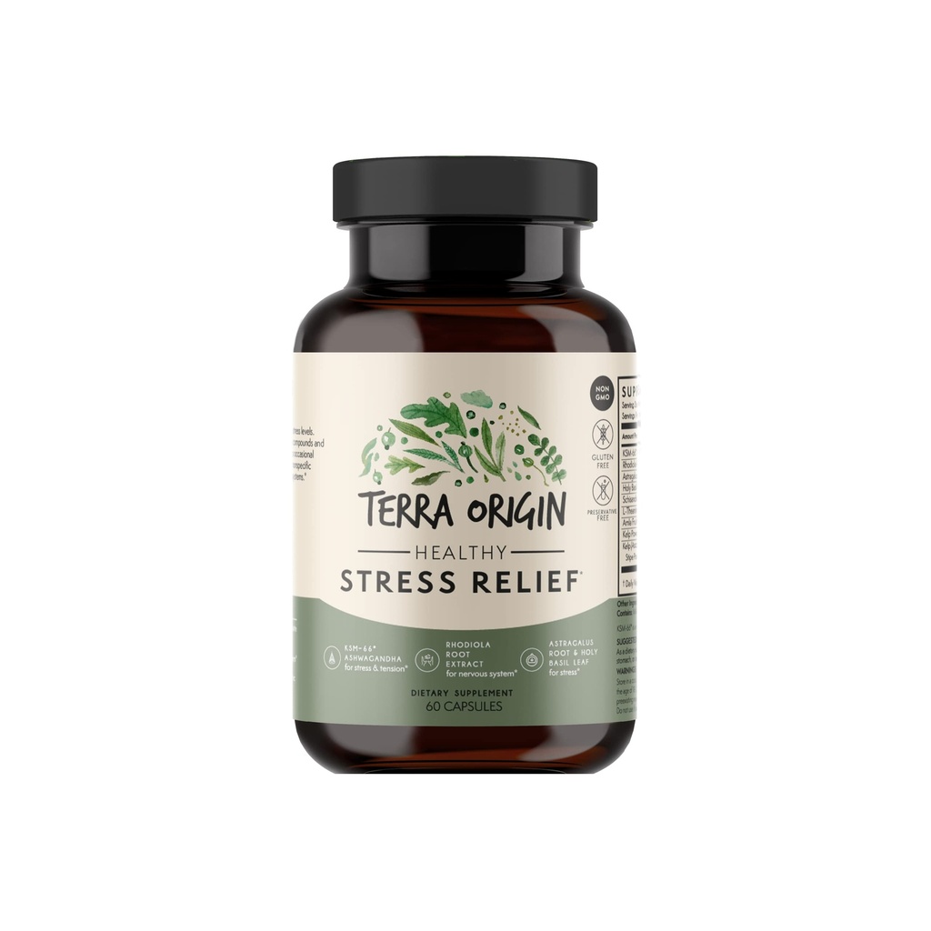 TERRA ORIGIN Zdravý Stres dodatek 124; 60 Kapsle 124; KSM- 66 Organic Ashwagandha, L-Theanine, Rhoddiola Extract, Astragalus Root a svatý Basil 124; Stress and Mood Support