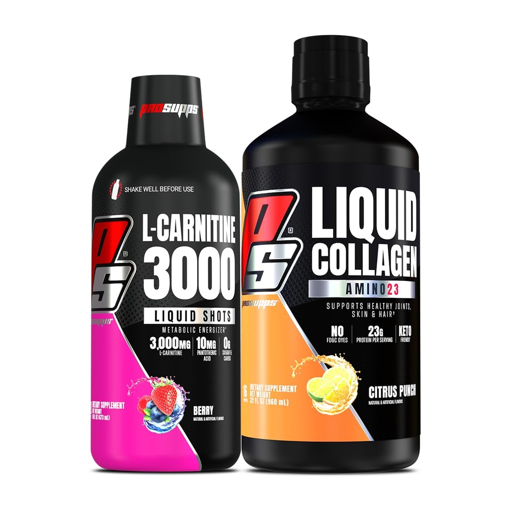PROSUPPS L- karnitin 3000 Stimulant Volný tekuté střely (Berry) Amino23 Tekuté kolagenové střely (Citrus Punch) Bundle