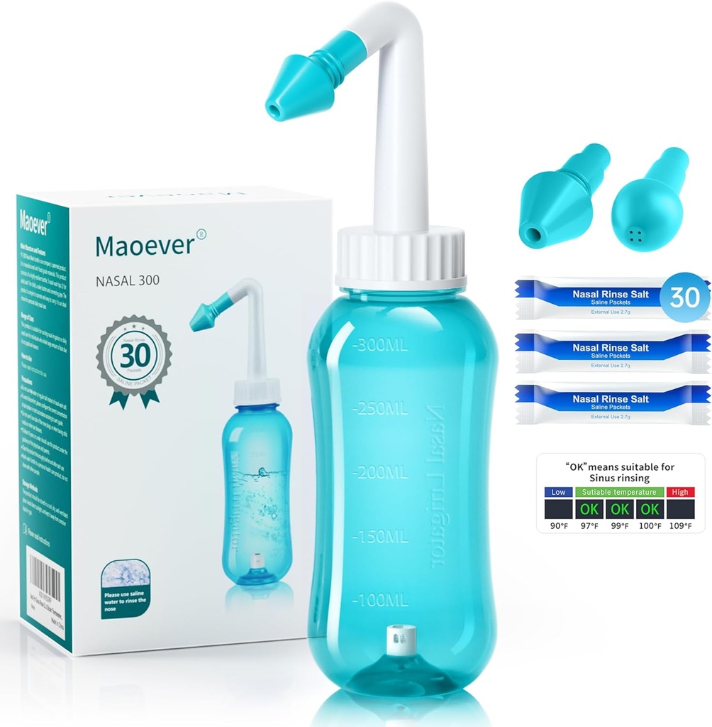 Neti Pot Sinus Rinse Nasal Wash 300ML Neti-Pot s 30 Nasal Wash Salt Packets a Nálepka Termometr Čistič nosu Čistič lahví Tlakové zavlažování pro dospělé & Kid BPA zdarma (světle zelená)