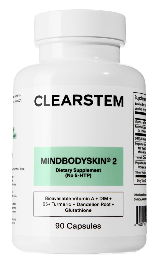 CLEARSTEM - MINDBODYSKIN Hormonální Acne dodatek (č. 5-HTP) - Přírodní DIM dodatek - Péče o pleť Vitaminy - Hormon Balance, Antioxidanty - Lepidla zdarma, Krutost zdarma - 30 Služební, 90 Kapsle