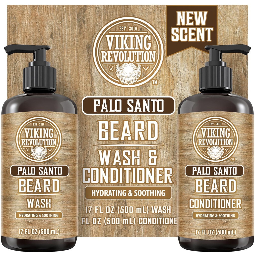 Viking Revolution Palo Santo Beard Wash and Beard Conditioner Set with Argan and Jojoba Oils - Softens and Posilvens - Natural Palo Santo Scent - Beard Shampoo with Ginseng Root Extract (17 oz)