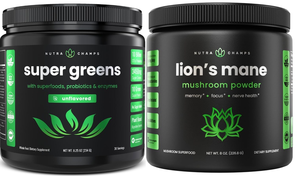 NutraChamps Super Green Neochucené & Lion je hříva prášek. Zelená & Adaptogen Bundle
