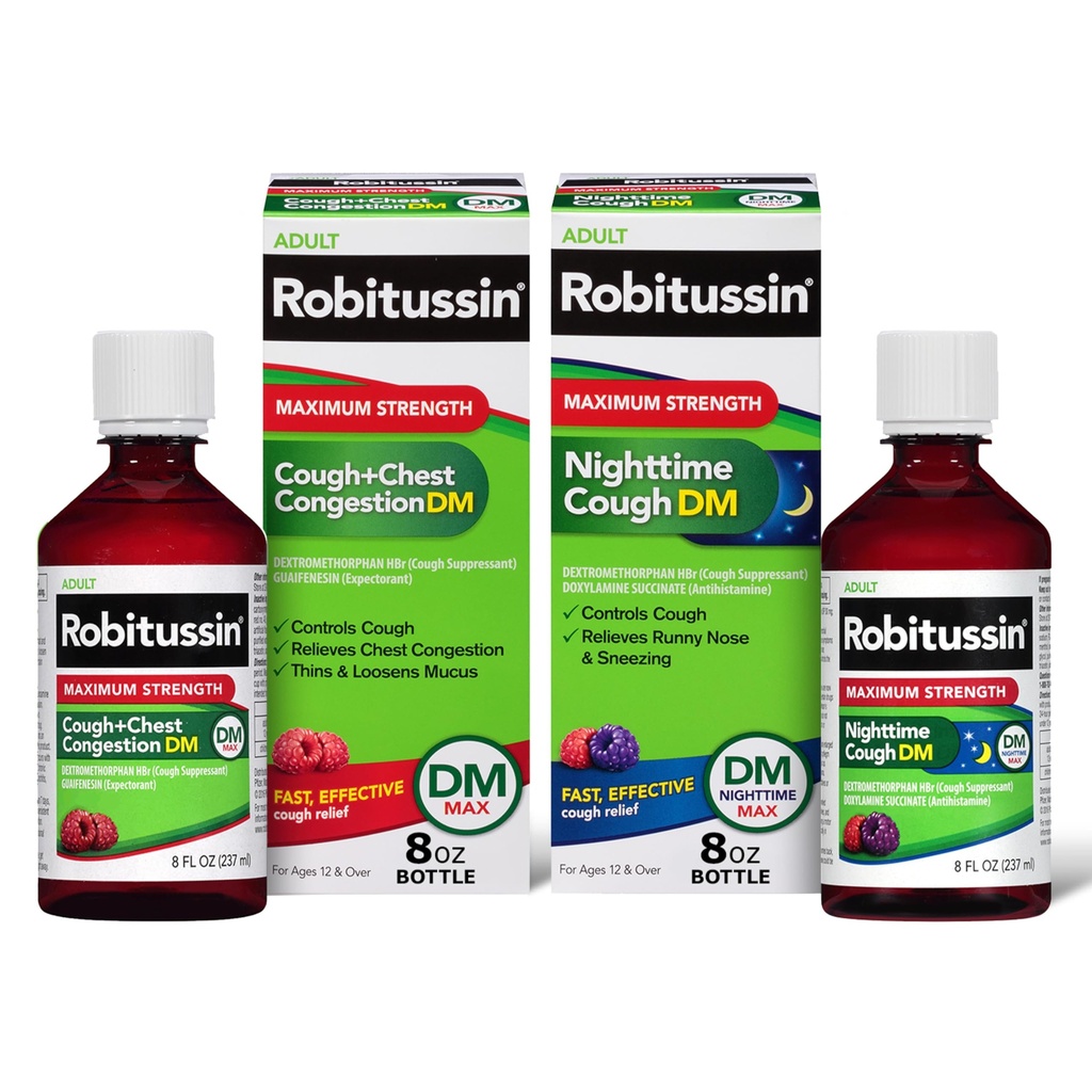 Robitussin DM Max Cough Plus Trust Congestion a Robitussin Maximální síla Nighttime Cough DM, Adult Performas - 2 x 8 Fl Oz Lahvičky