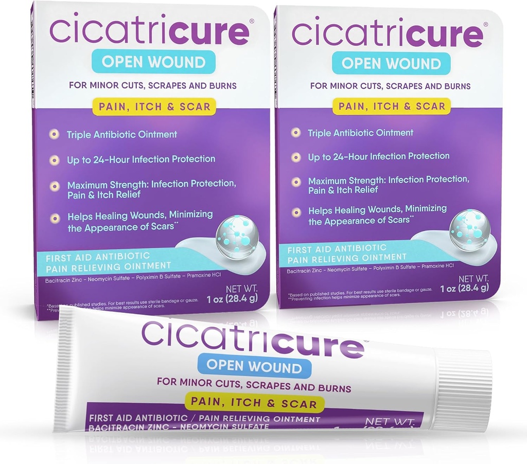 Cicatricure Triple Antibiotic Ointment with Pain Relief, Bacitracin Antibiotic Ointment & Cream for Wound Care, Hojení Ointment for Cuts, Burns, Hmyz Bites, První pomoc dodávky Essential, 1 oz
