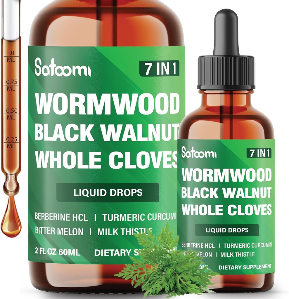Satoomi 7in1 Červí dřevo Tekuté Kapky s černým ořechem, celé hřebíky, Berberine, Mléko Thistle, Hořký Melon a Kurkuma - 60 ml na 60 dní