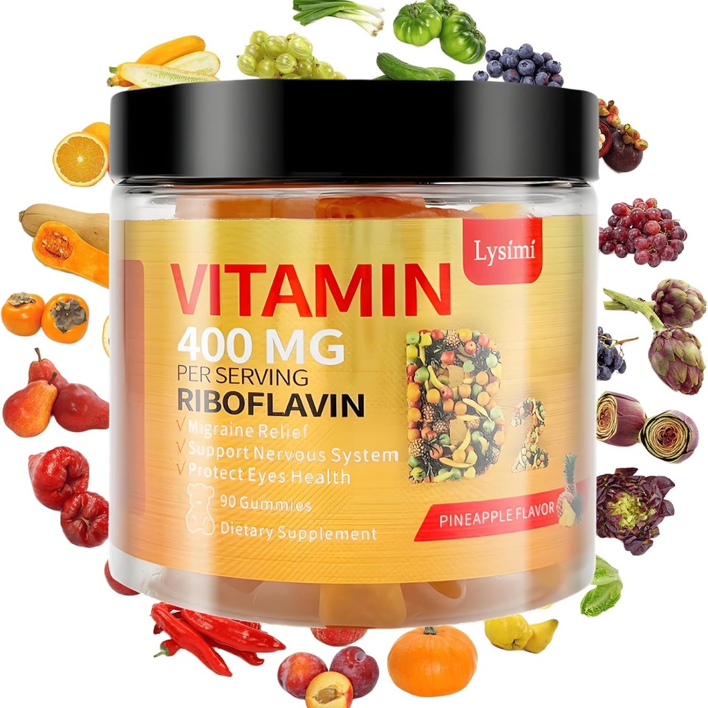 Vitamin B2 Gummies, Vitamin B2 Riboflavin Gummies 400mg, Migréna Relief & Head Relief Riboflavin Vitamin B2 Gummies, Soy & Gluten- Free, 90 Vitamin Gummies pro děti a dospělé
