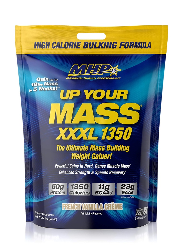 Maximální lidský výkon MHP UYM XXXL 1350 Mass Building Weiner, Muscle Mass Gains, w / 50g Protein, High Calories, 11g BCAA, Leucine, French Vanilla Creme, 16 Servings