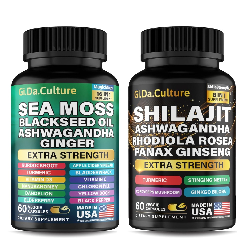 Shilajit a Moss Moss Combo - Moss moře a Shilajit Bundle s Ashwagandha, Black Seed, Turmeric, Bladderwrack, Burdock, Black Pepper s vitamíny a antioxidanty - 120 Veggie Kapsle