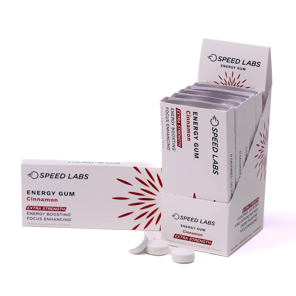 Rychlost Labs Skořice Extra síla kofein žvýkací guma 50mg kofein, Taurin, & B Vitamíny na kus, 48 Kusy (6 balení po 8 kusech) Cukr zdarma, nula kalorie, No Aspartam, gluten zdarma