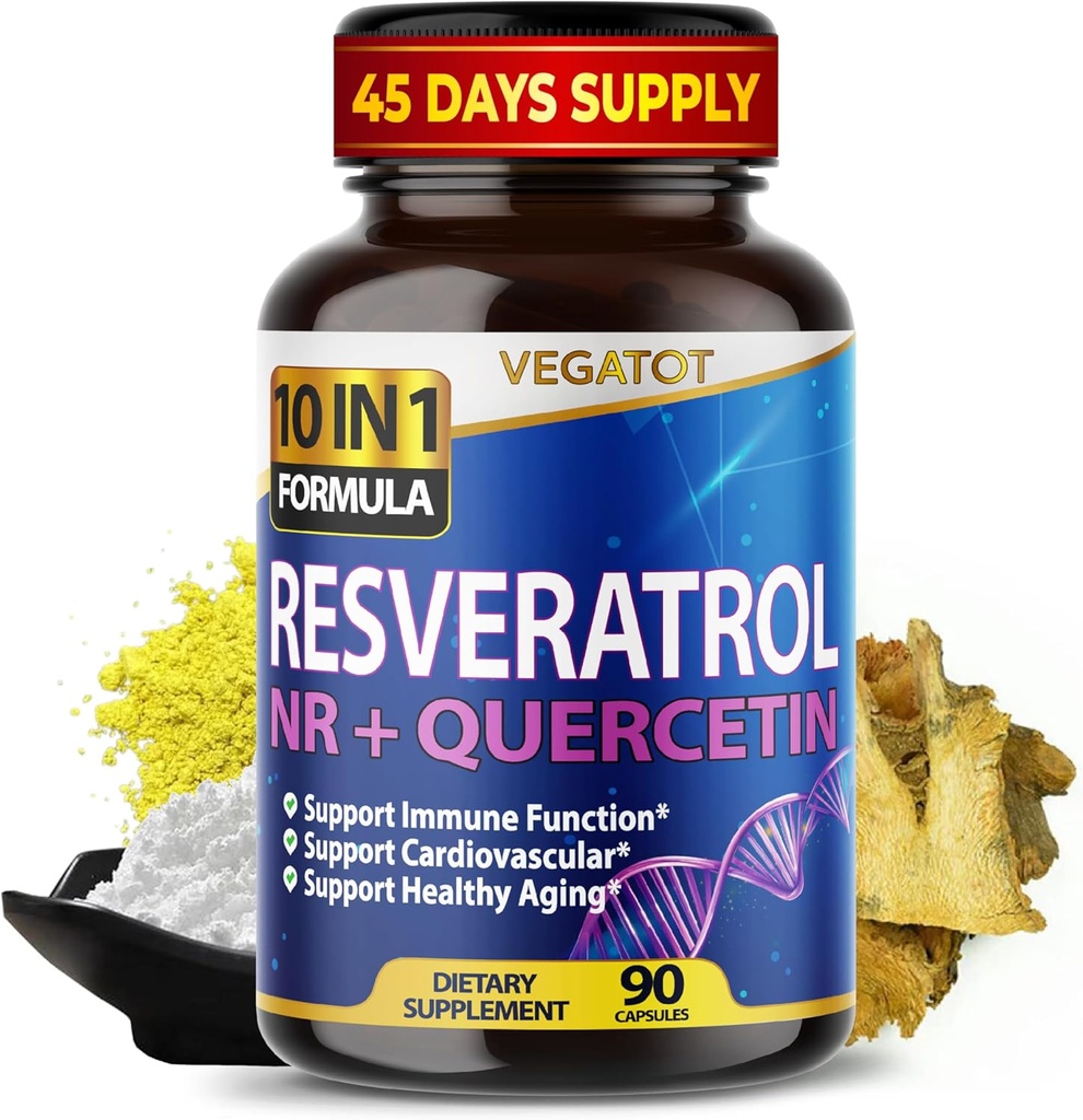 VEGATOT 10 v 1 Resveratrol vysoké síly s Quercetin Zdravé stárnutí imunitní mozkové boost společné podpory (90 Počet (balení po 1))
