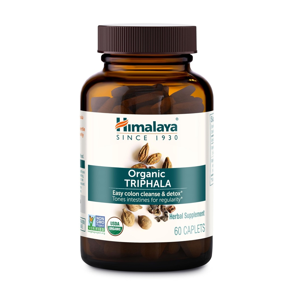Himalaya Organic Triphala, 2 měsíce dodávky, pro Colon Cleanse, Detox & Occasional Constolly, USDA Certified Organic, Non- GMO, gluten- Free, Extract & Powder Bylinný dodatek, 688 mg, 60 Caplet