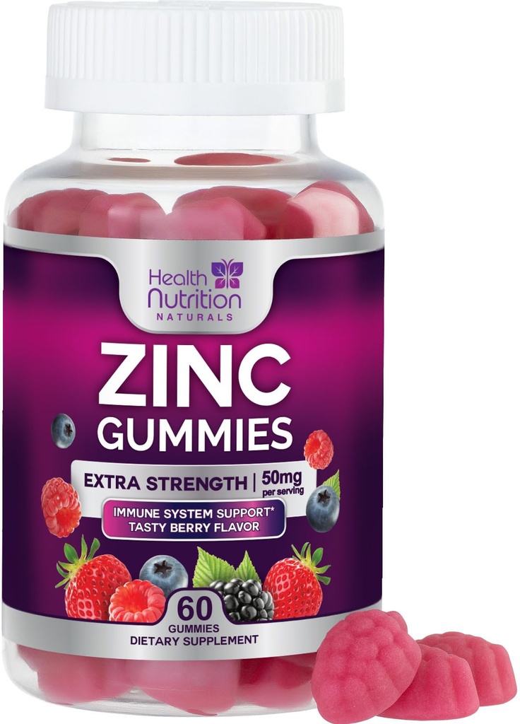 Zinkové doplňky 50mg gumové - Max Strength Skin Health & Immunication Support Gummy, Vegan, Non-GMO & Gluten Free - Nejlepší doplněk zinku Antioxidant & Bone Health Chewable Tasty Berry Flavor - 60 Gumy