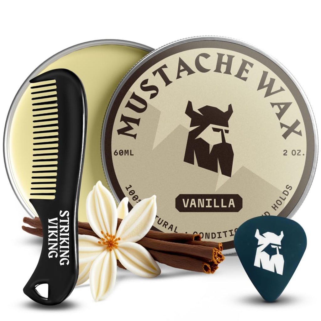 Striking Viking Mustache Wax & Comb Kit - 2 oz, Vanilla - Kompletní Mustache Grooming Kit pro muže - Strong-Hold Styling & Wax Strong Hold - Pocket- Sized Precision & Styling Comb
