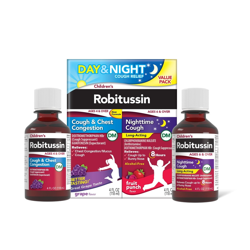 Dětské Robitussin DM den a noční kašel Relief Value Pack, Cough Medicine, Grape / Fruit Punch Flavor - 4 Fl Oz x 2