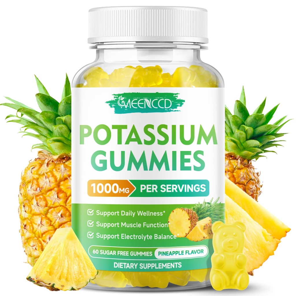 Kalium Citrát Gummies 1000mg, High potency Draslík Dodatek Gummies pro dospělé ženy a muže, Podpora bolesti nohou a svalů zdraví, Sugar- zdarma, Ananas Flavor, 60 Počet