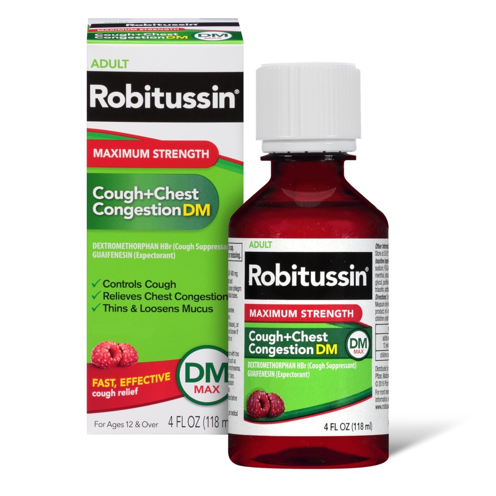 Robitussin Dospělá maximální síla kašel + hrudník Congestion DM Max (4 fl. oz. Láhev), Kašel Suppressant & Expectorant, Malina Flavor