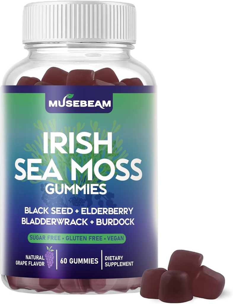Irské Moss Gummies - s černým semenem Elderberry Bladderwrack Burdock Turmeric Omega33 Vitamíny C D3 Zinek - Mořské doplňky pro dospělé ženy - Sugar- Free gluten zdarma Vegan