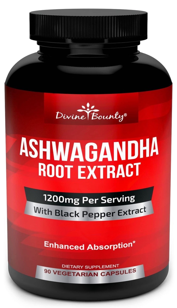 Divine Bounty Organic Ashwagandha Kapsle - 1200mg Ashwagandha Powder with Black Pepper for Enhanced Absorption - Ashwaganda dodatek pro podporu Calmness & Mood - 90 Veggie Kapsle
