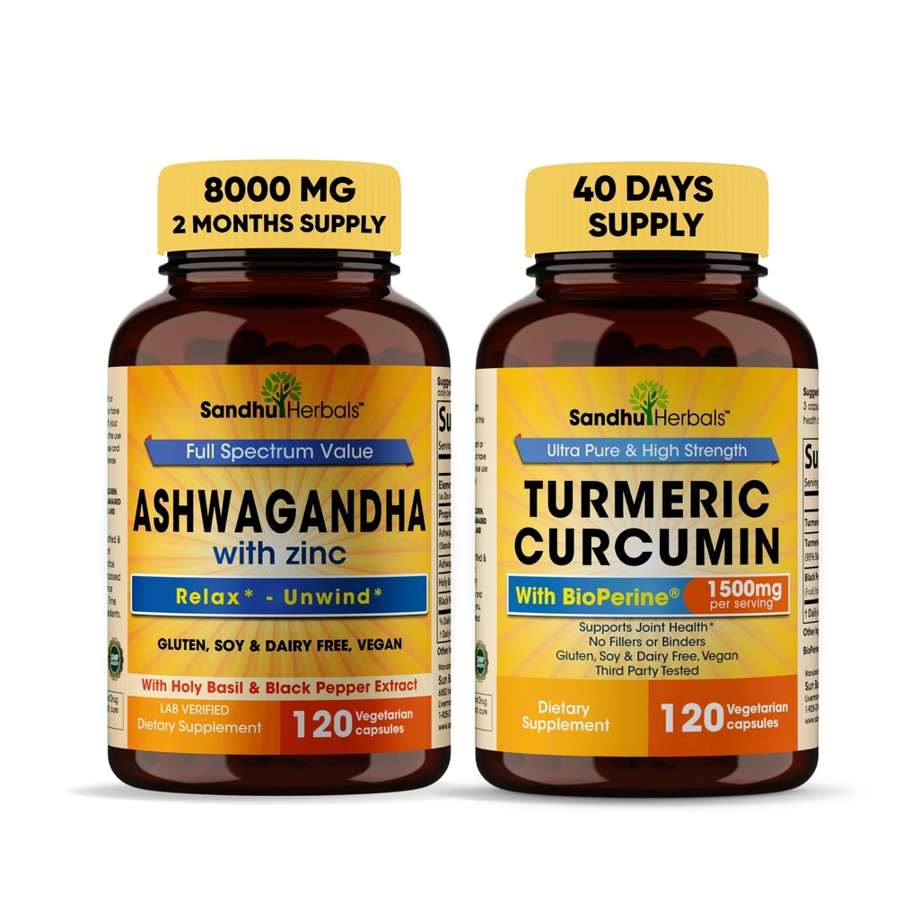 Sandhu Herbals Organic 4in1 Ashwagandha w / Zink & Organic Turmeric Curcumin w / Bioperine Black Pepper Extract CLAS124; Podporuje imunitní systém CLAS124; Non- GMO