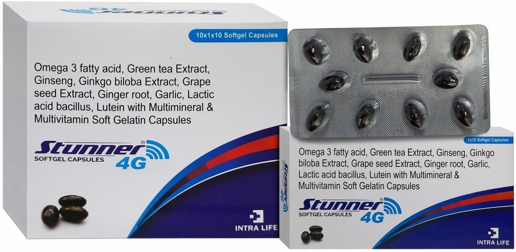 STUNNER- 4G SOFTGEL CAPS inseng Extract Powder 42.5mg + Wheat Germ Oil 25mg + Citrus Bioflavonoids 20mg + Grape Seed Extract 15mg + přírodní smíšené karotenoidy (10% disperze) 11.33mg + zelený čaj Extract