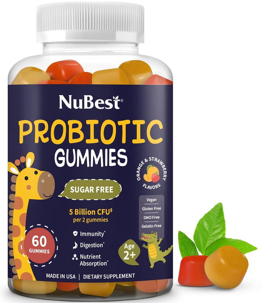 NuBest Daily Probiotic Gummies for Kids & Teens with 5 Billion CFU CFU 124; Podporuje imunitní, Gut, a trávicí zdraví 124; No Added Cukr 124; Yummy Strawberry & Orange Flavors CFU 124; 60 Premium Vegan Gummies